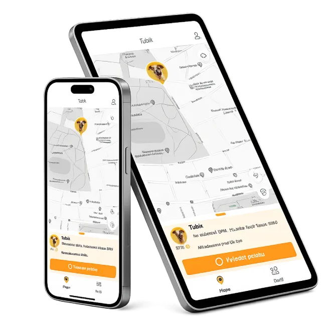 The Findee Pets app on two phones, showing a pet's live location on the map